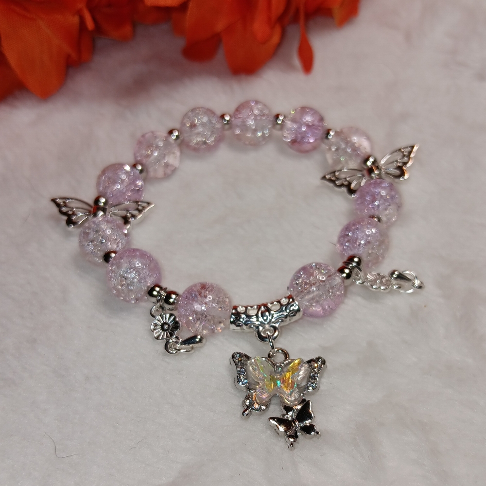 Elegant Silver and Pink Butterfly Charm Beaded Bracelet